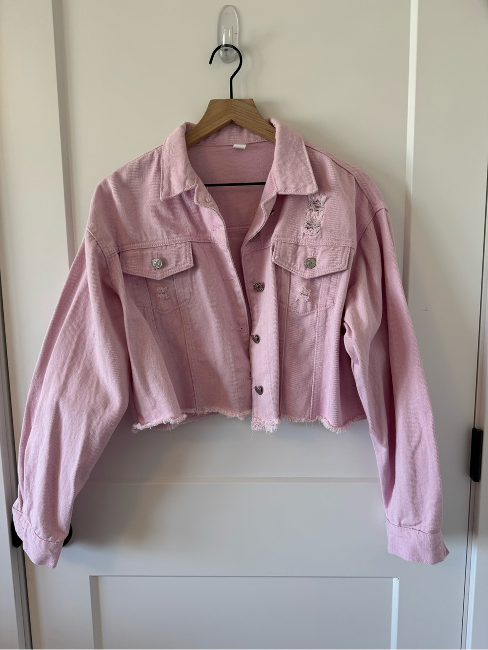 Cropped Pink Distressed Denim Jacket Size XL